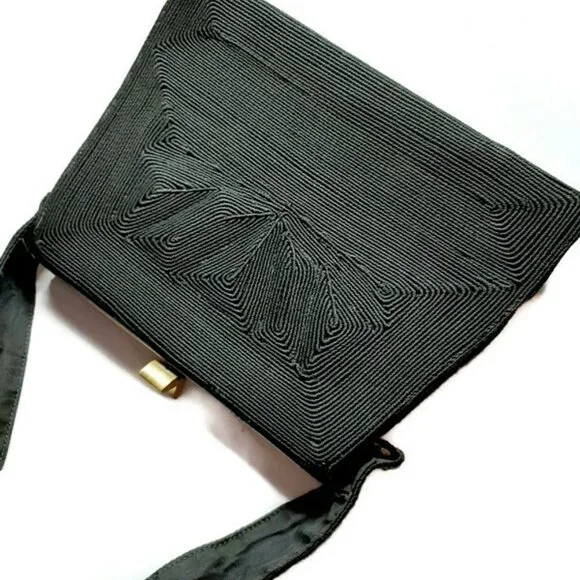1940s Vintage Black Corde' Box Handbag With A Top Handle And A Front Design - Picture 5 of 8